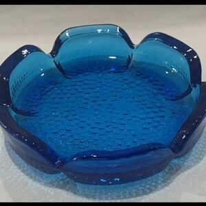 VINTAGE 60's Blenko Glass Cobalt Blue Textured Lotus Ashtray 6" Diameter